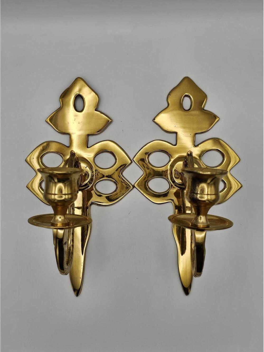 Vintage Brass Wall Sconces Pair Gothic Hollywood Regency Candle Holders MCM